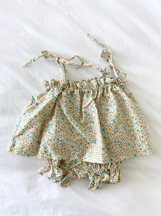 Libby Shoestring Peplum Top & Panty Bloomer Set - Cotton Poplin Multi Yellow Sprig