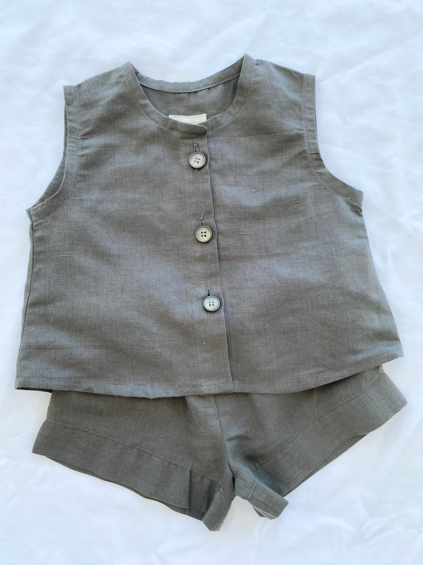 Unisex Cotton Linen Shorts Top Set - Army Green