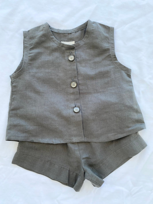 Unisex Cotton Linen Shorts Top Set - Army Green