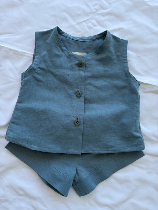 Unisex Cotton Linen Top Shorts Set - Egg Blue