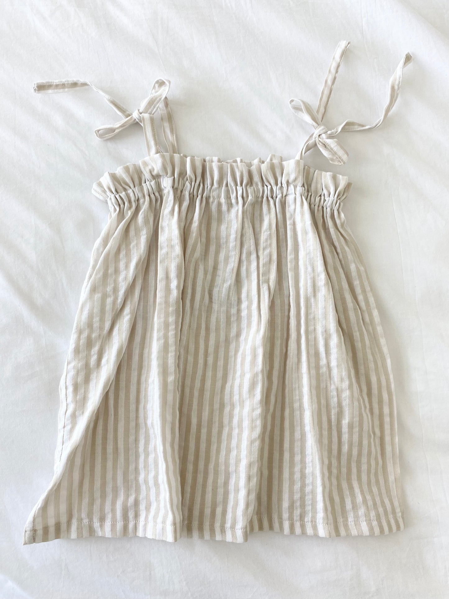 Capri Shoestring Dress - Beige/ White Stripe Cotton Linen