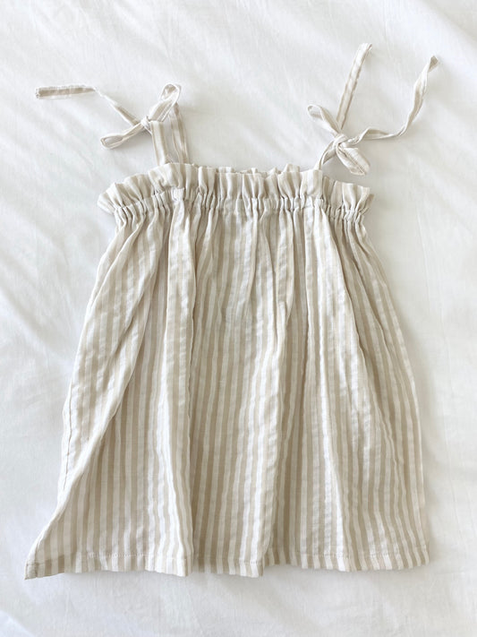 Capri Shoestring Dress - Beige/ White Stripe Cotton Linen