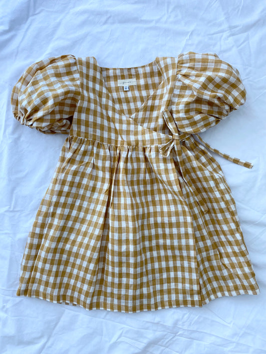Ellis Wrap Dress - Alma Pure Linen Gingham Mustard