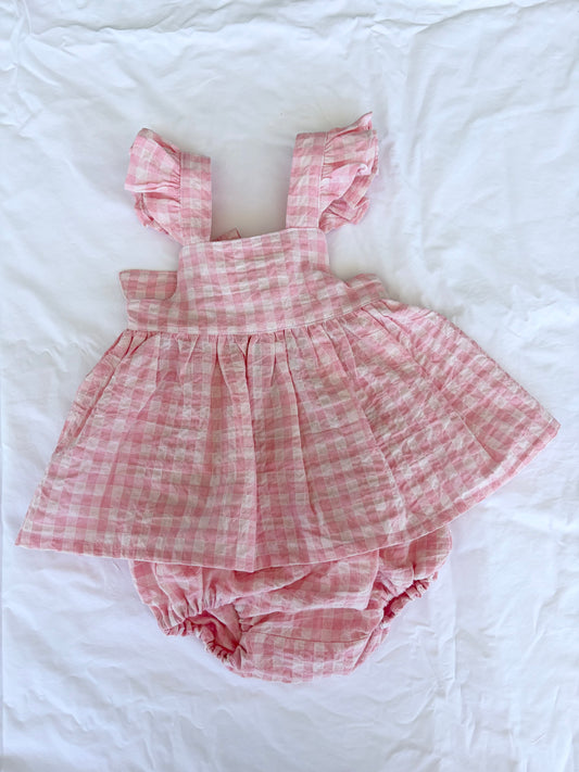 Marigold Peplum Set - Cotton Seersucker Gingham Baby Pink