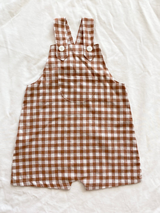 Unisex Loose Fit Overall - Boys Wear Flax Cotton Gingham Nutmeg