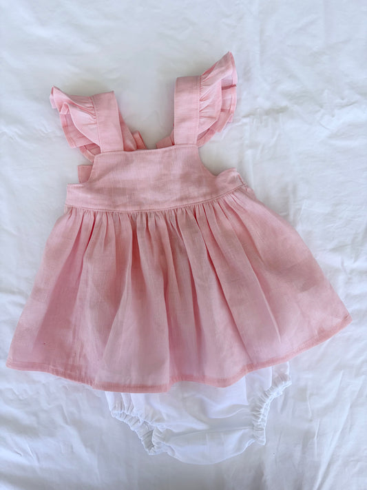 Marigold Peplum Set - Cotton Linen Soft Pink Top and White Bloomers