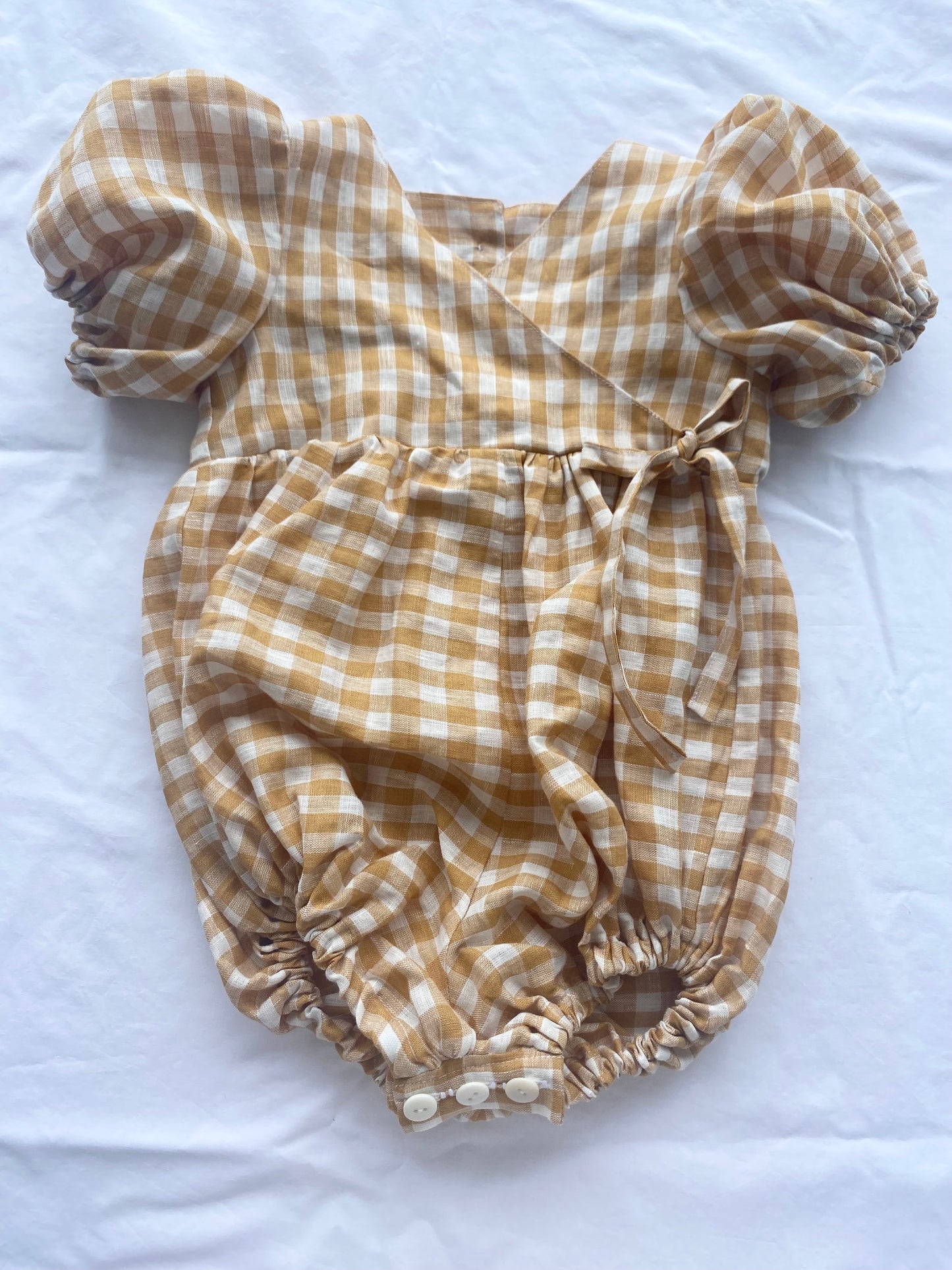 Ellis Wrap Romper - Pure Linen Mustard Gingham