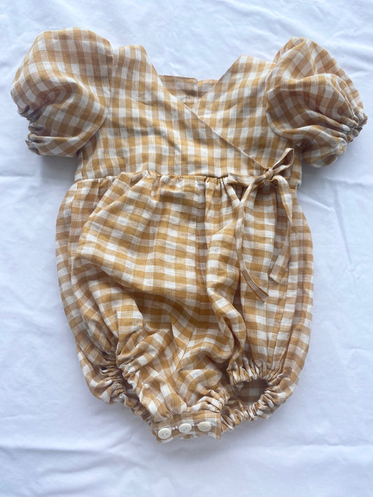 Ellis Wrap Romper - Pure Linen Mustard Gingham