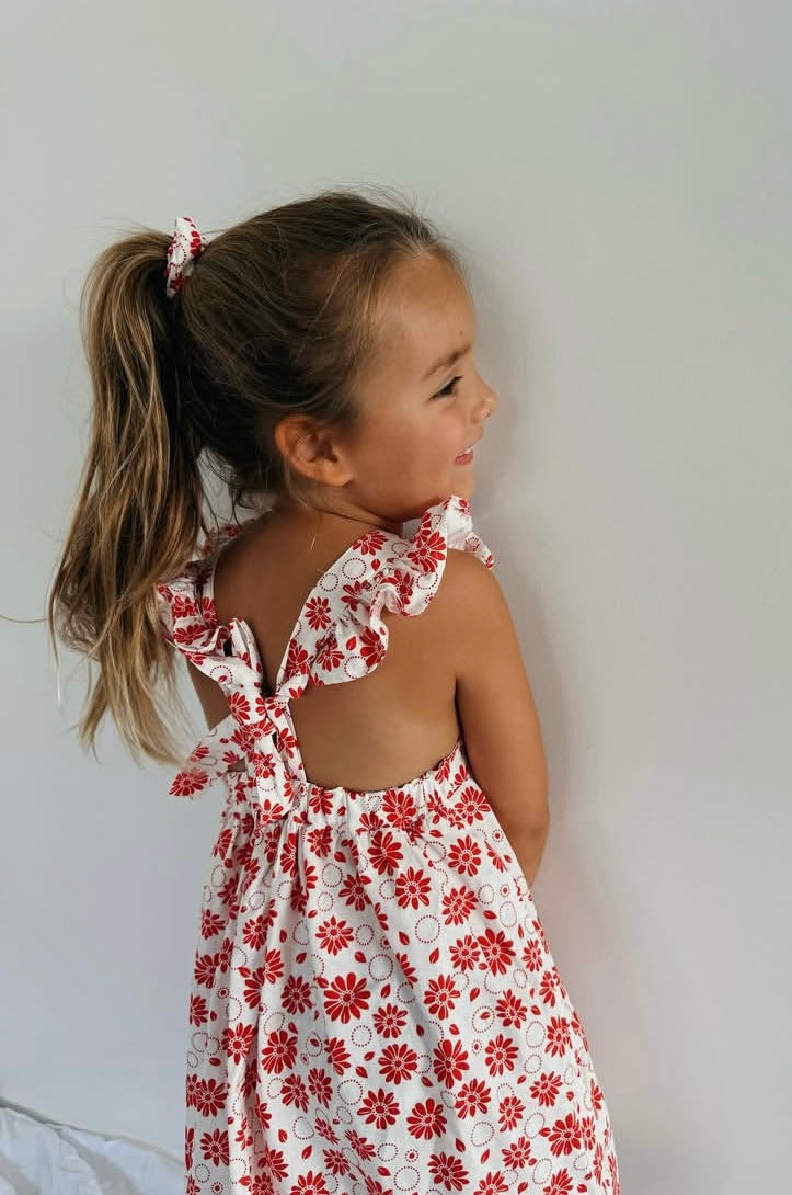 The Christmas Collection Marigold Dress - Cream Cotton Red Retro Floral