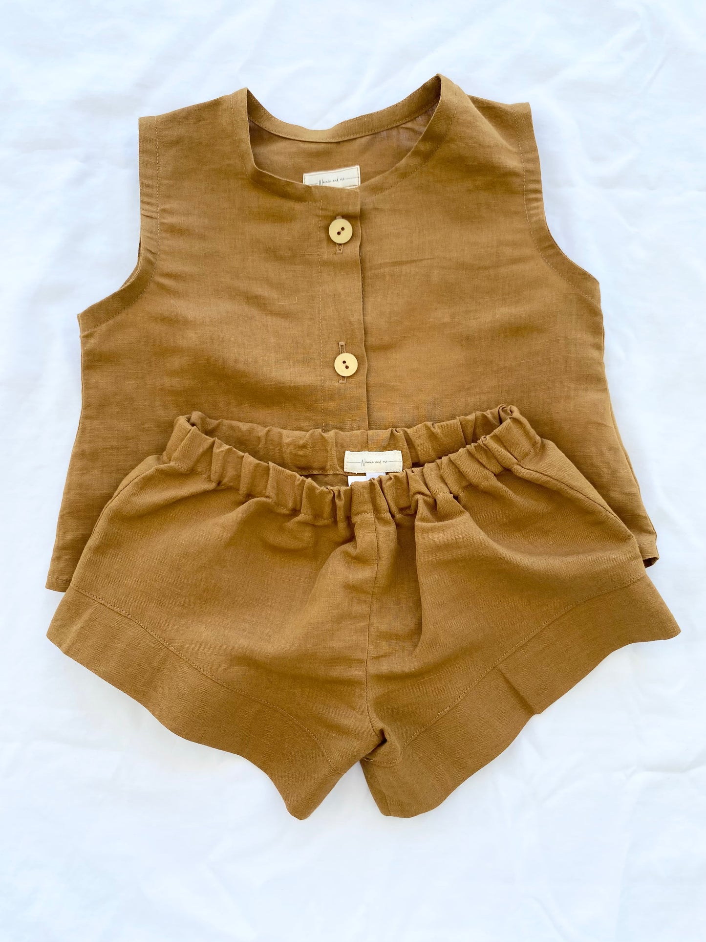 Unisex Cotton Linen Shorts Top Set - Tan