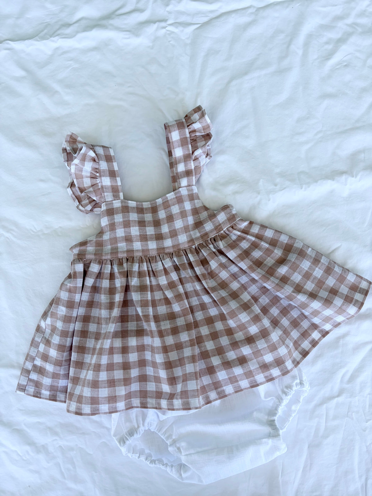 Marigold Peplum Set - Cotton Gingham Latte Peplum Top with White Cotton Bloomers