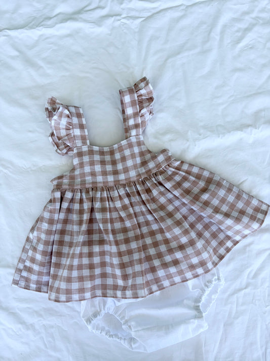 Marigold Peplum Set - Cotton Gingham Latte Peplum Top with White Cotton Bloomers