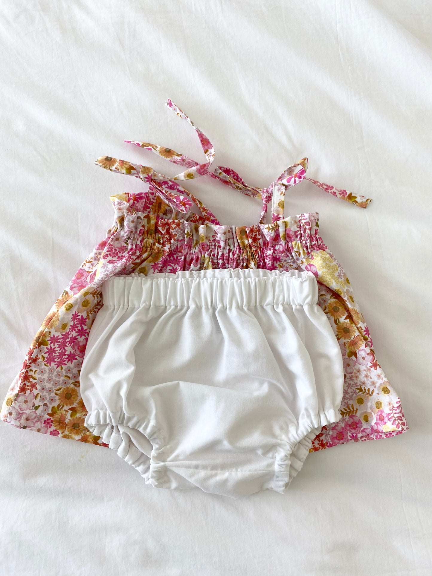 Libby Shoestring Peplum Set - Cotton Poplin Pink Yellow Top & White Cotton Bloomer