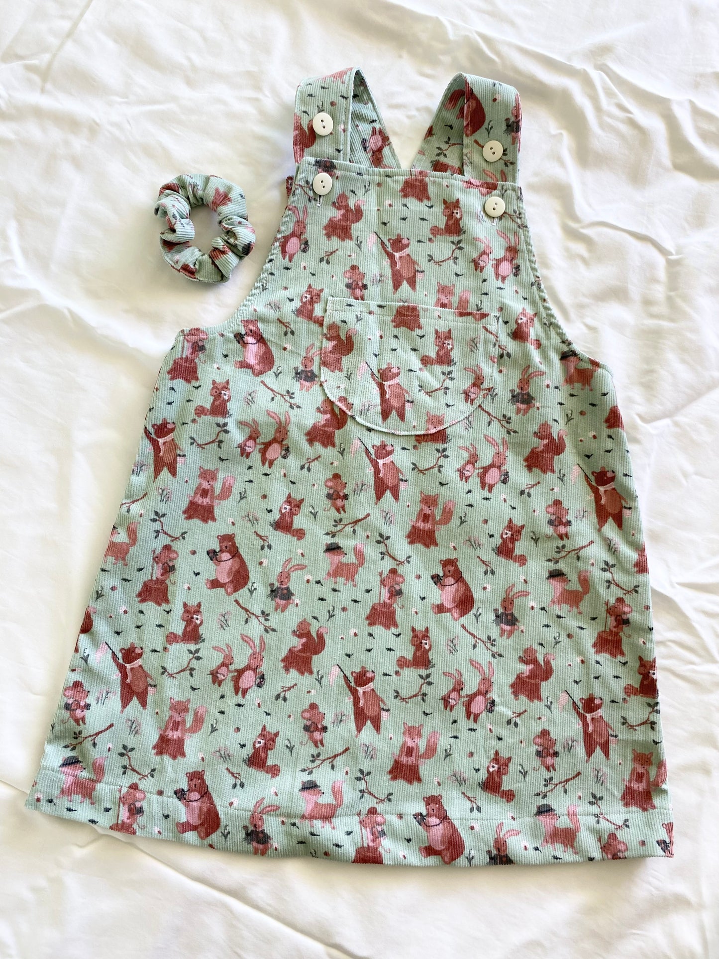 Sylvie Pinafore - Corduroy Mint Green Woodland Animals