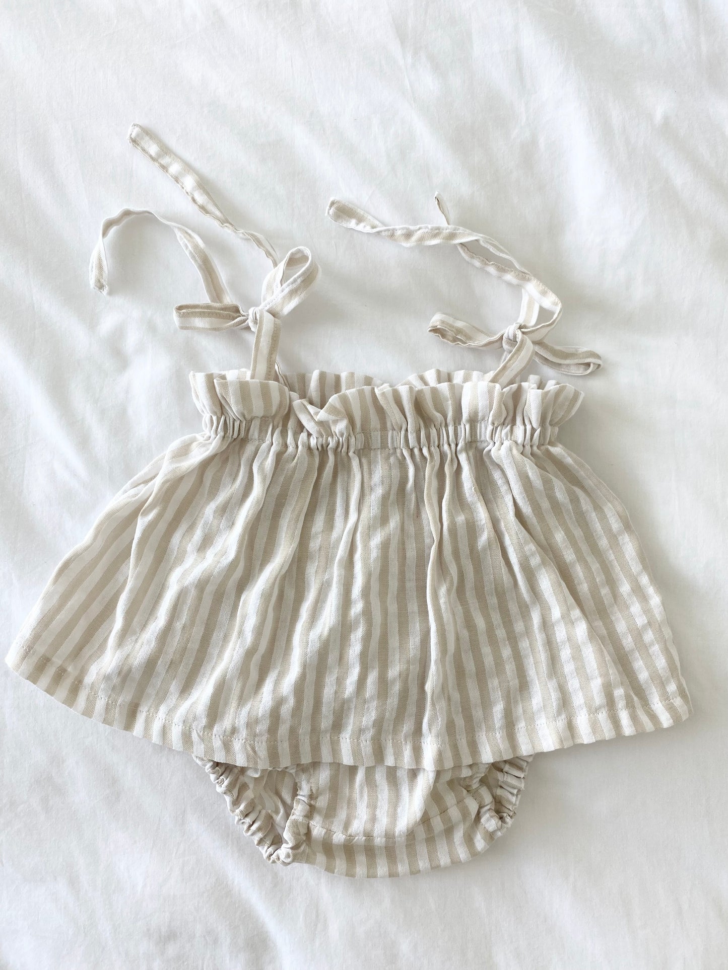 Capri Shoestring Peplum Set - Beige/White Stripe Linen Cptton