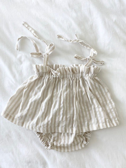 Capri Shoestring Peplum Set - Beige/White Stripe Linen Cptton