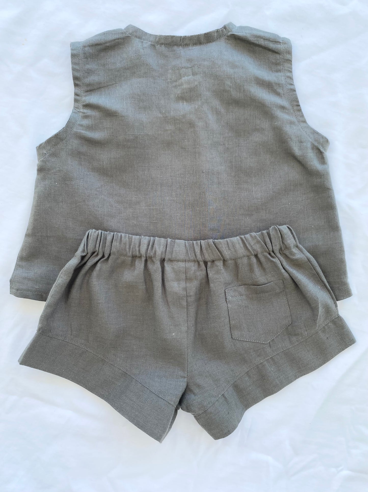 Unisex Cotton Linen Shorts Top Set - Army Green