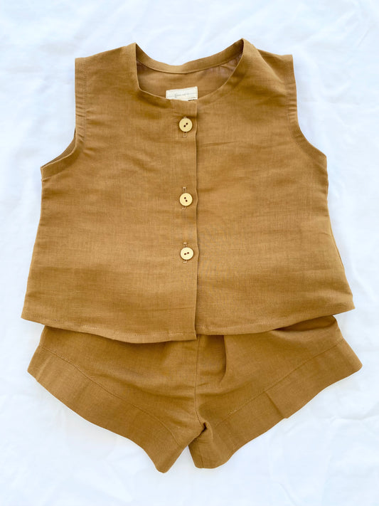 Unisex Cotton Linen Shorts Top Set - Tan