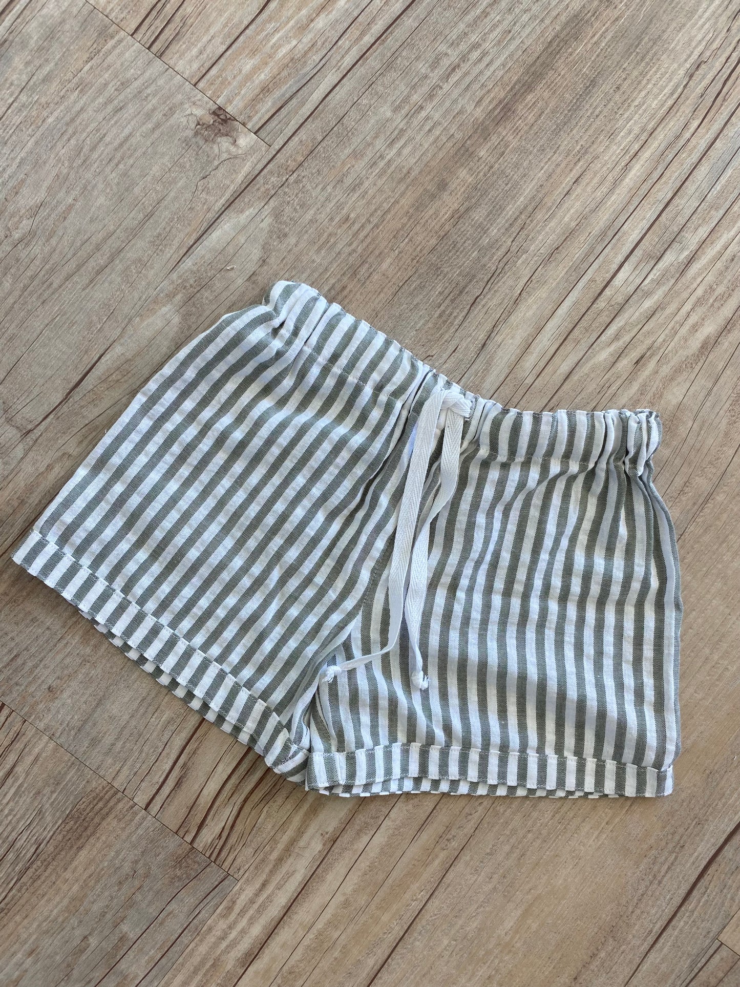 Capri Shorts - Green/White Stripe Cotton Linen