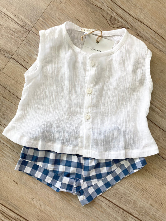 Top & Shortie Set - Cotton Gingham Blue Shortie and Cotton White Muslin Top