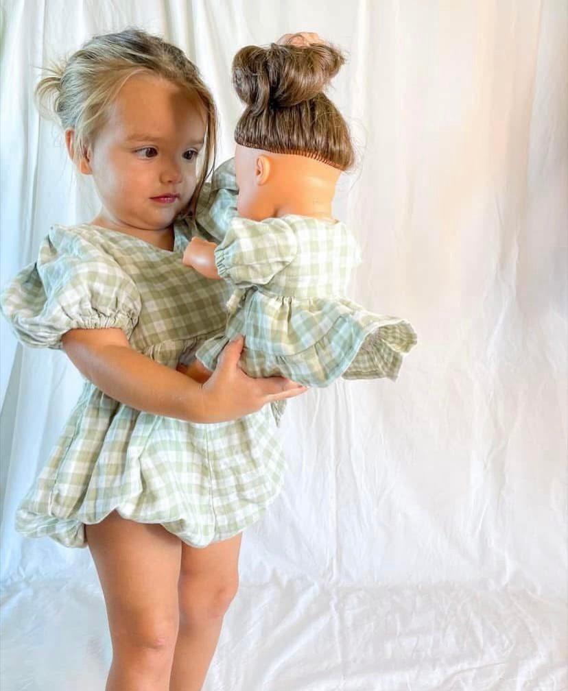 Ellis Wrap Romper - Cotton Double Cloth Gingham Sage