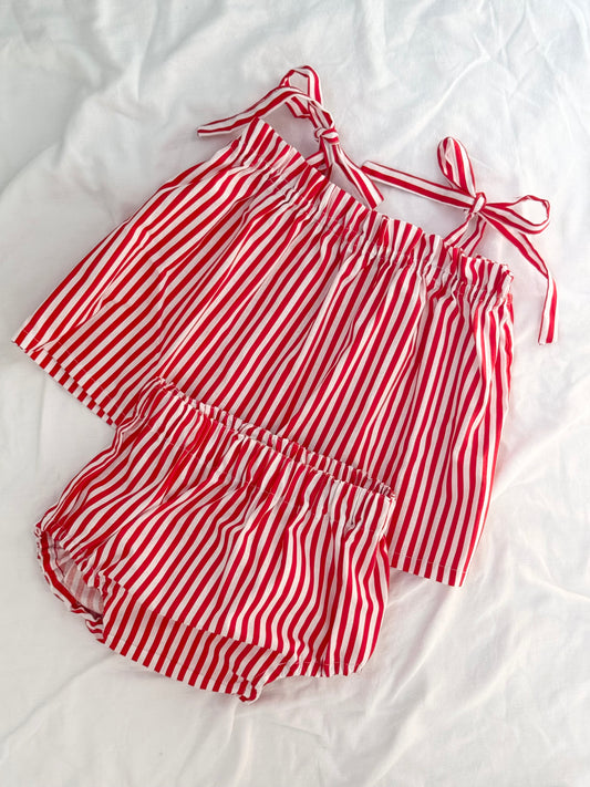 Christmas Shoestring Peplum Set - Cotton Red and White Stripe