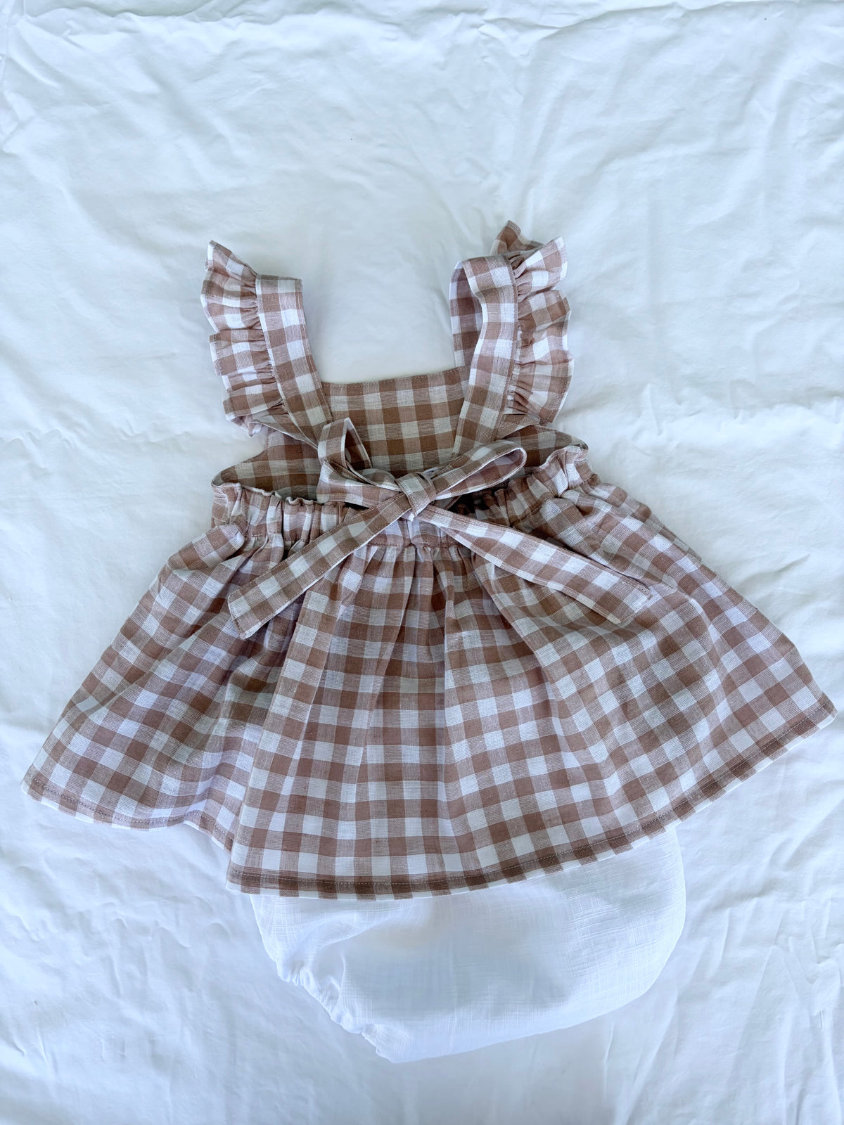 Marigold Peplum Set - Cotton Gingham Latte Peplum Top with White Cotton Bloomers