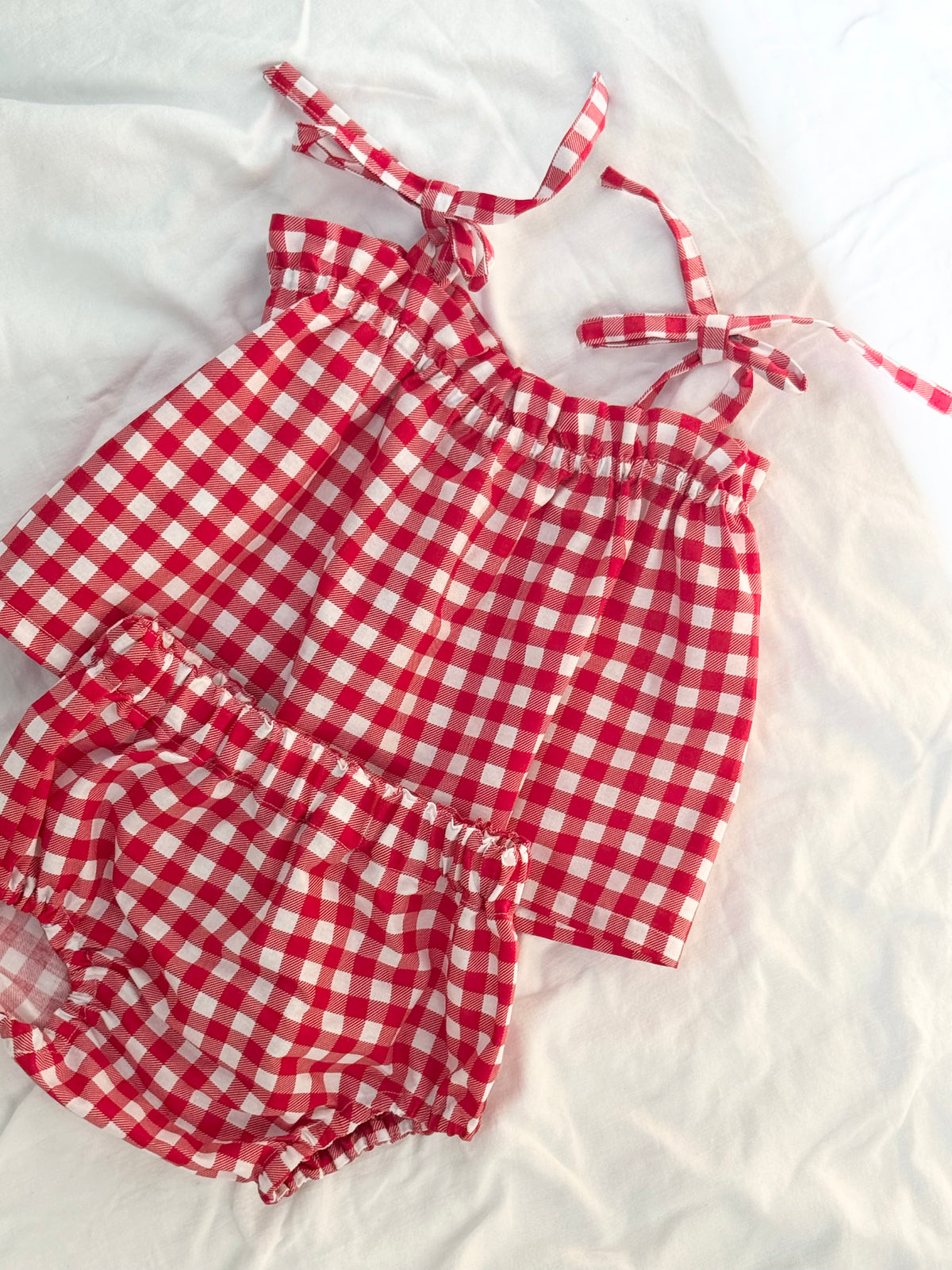 Christmas Shoestring Peplum Bloomer Set - Cotton Gingham Red Check