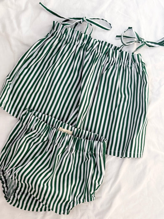 Christmas Shoestring Peplum Bloomer Set - Cotton Green and White Stripe