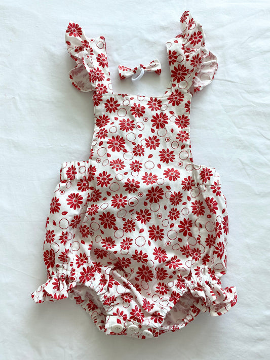 The Christmas Collection Marigold Romper - Cream Cotton Red Retro Floral