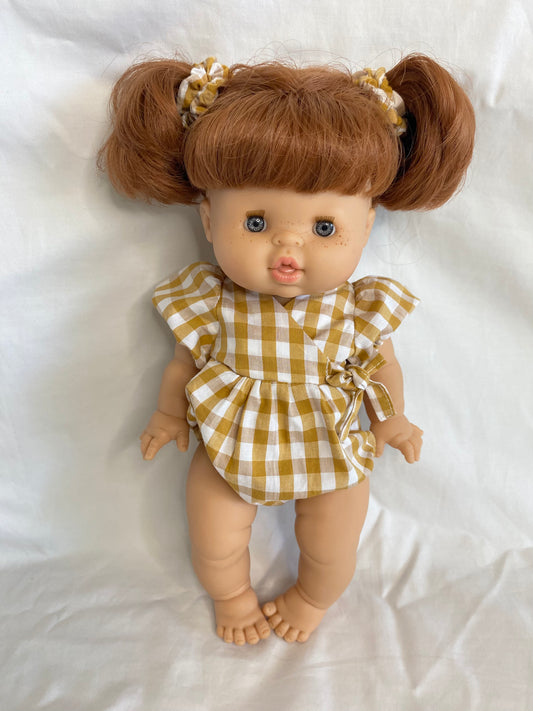 Ellis Wrap Dolls Romper - Cotton Gingham Golden Spice