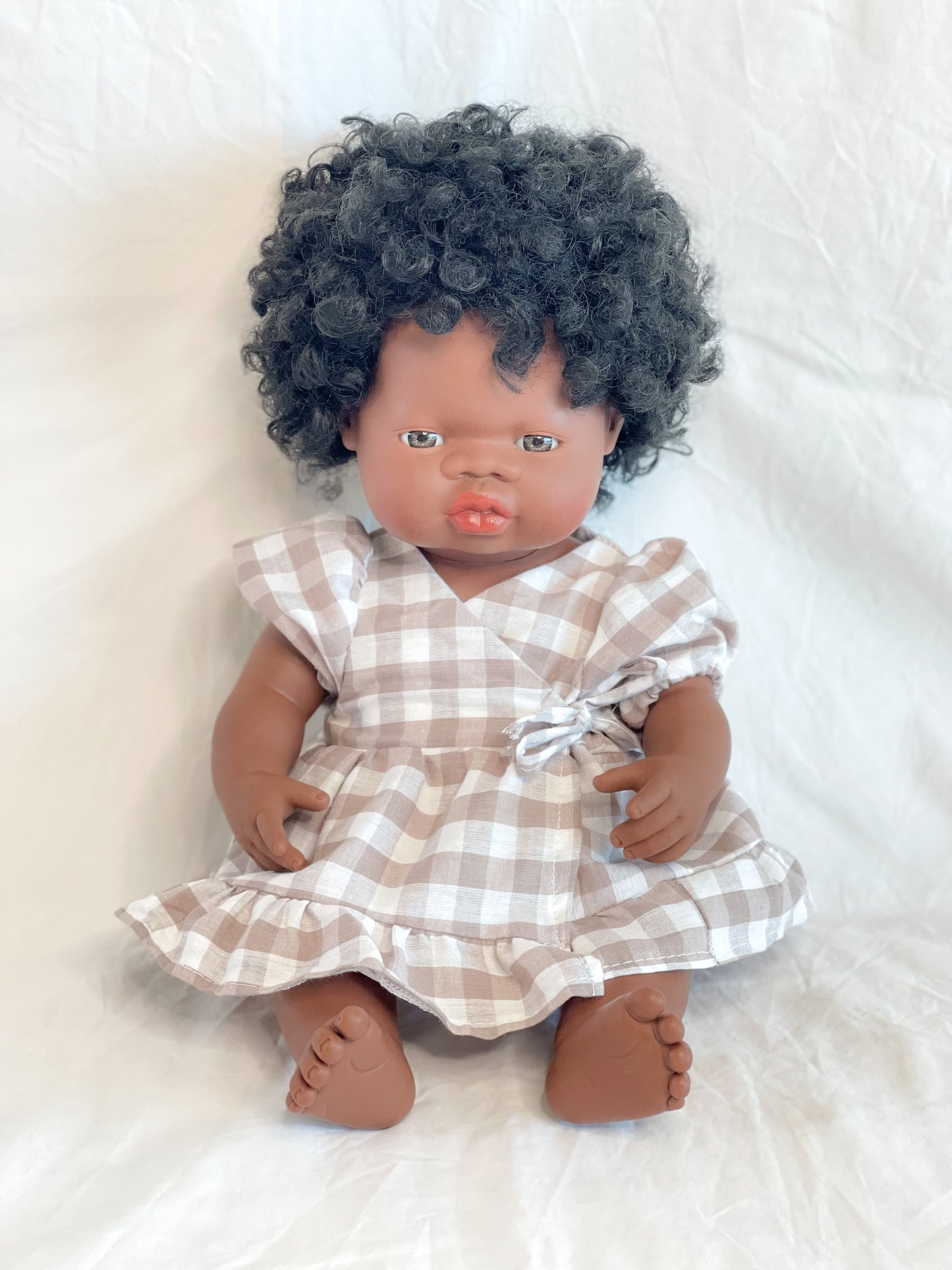 Ellis Wrap Dolls Dress - Cotton Gingham Mocha