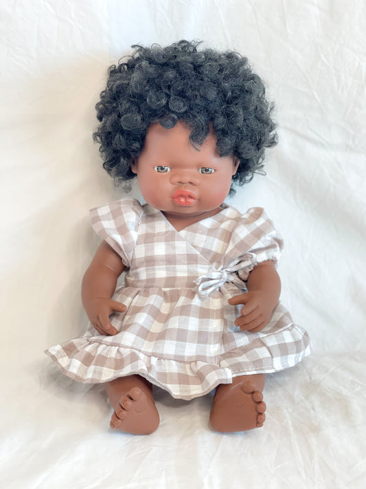 Ellis Wrap Dolls Dress - Cotton Gingham Mocha