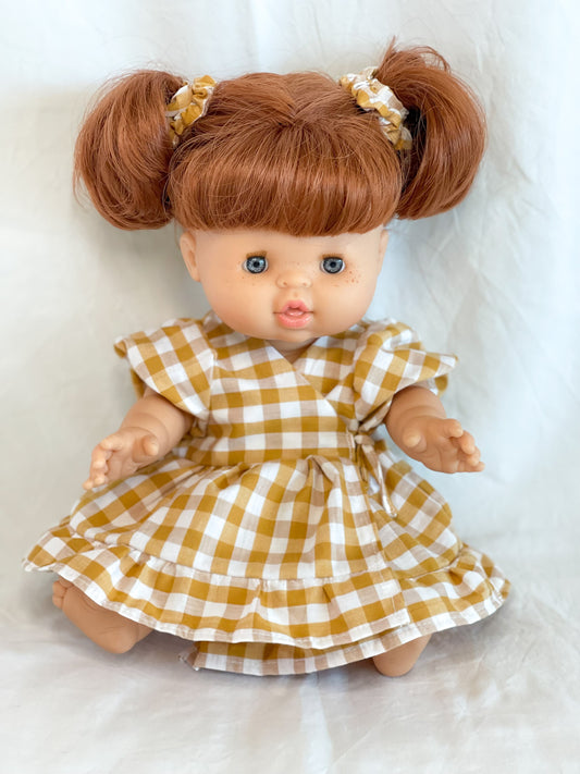 Ellis Wrap Doll’s Dress - Cotton Gingham Golden Spice