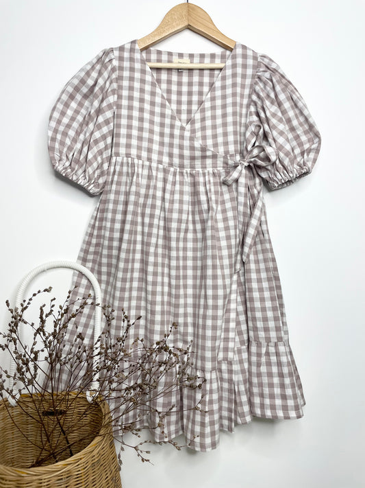 Ellis Wrap Dress - Cotton Gingham Mocha
